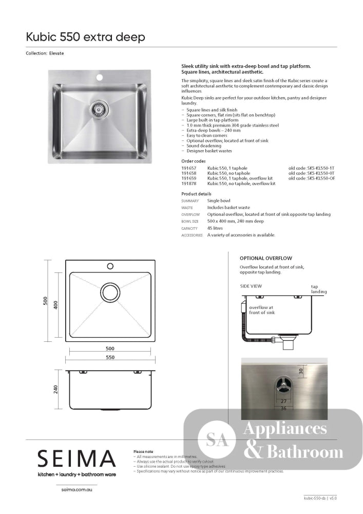Seima Kubic 550 Single Bowl Sink with Overflow One Taphole 191659 - Sinks
