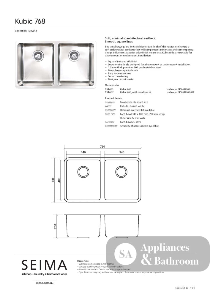 Seima Kubic 768 Double Bowl Sink with Overflow No Taphole 191682 - Sinks