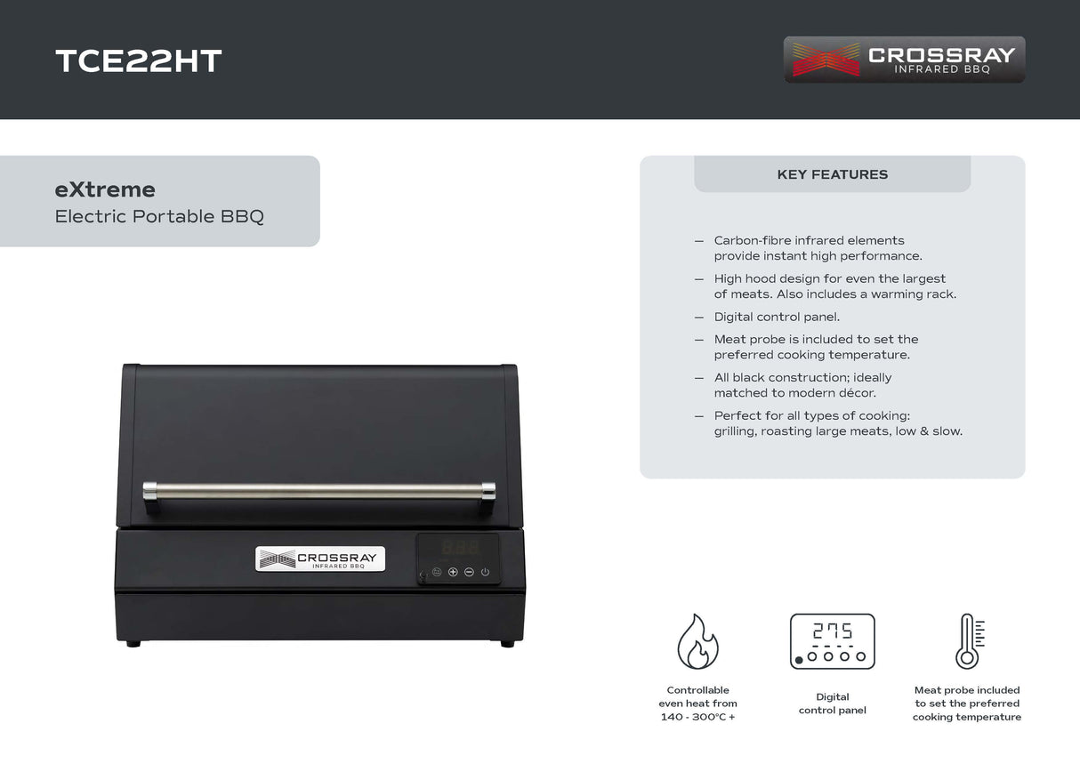 CROSSRAY TCE22HT eXtreme Portable Electric BBQ, Black Finish