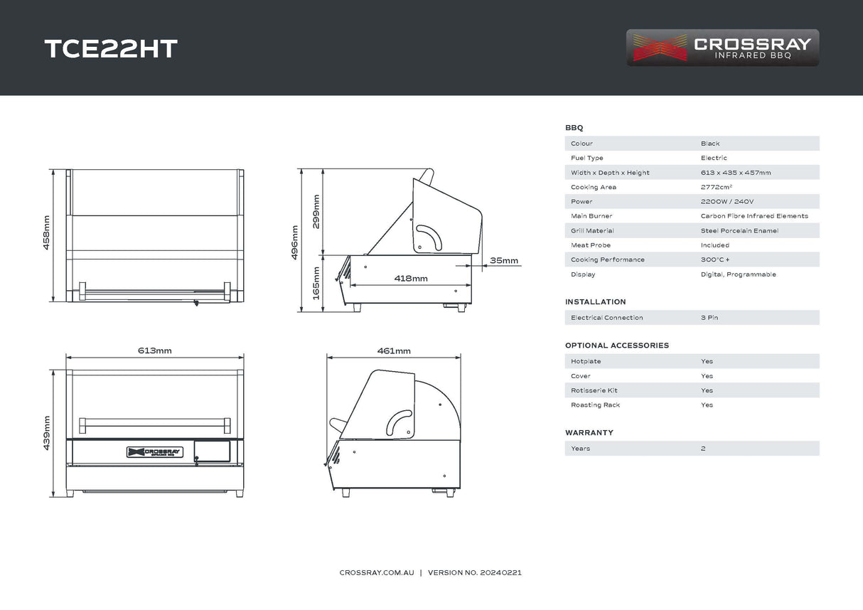 CROSSRAY TCE22HT eXtreme Portable Electric BBQ, Black Finish