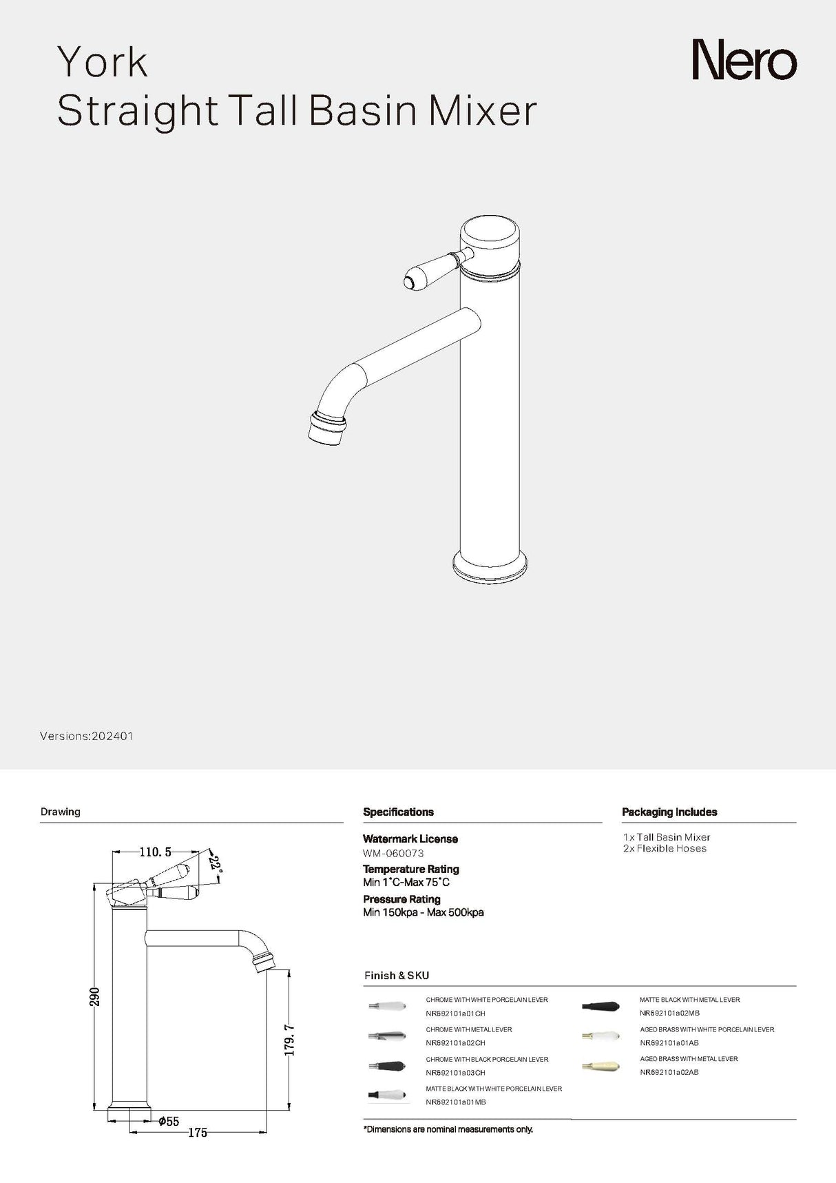 Nero York Straight Tall Basin Mixer, Black Porcelain Lever Chrome NR692101A03CH