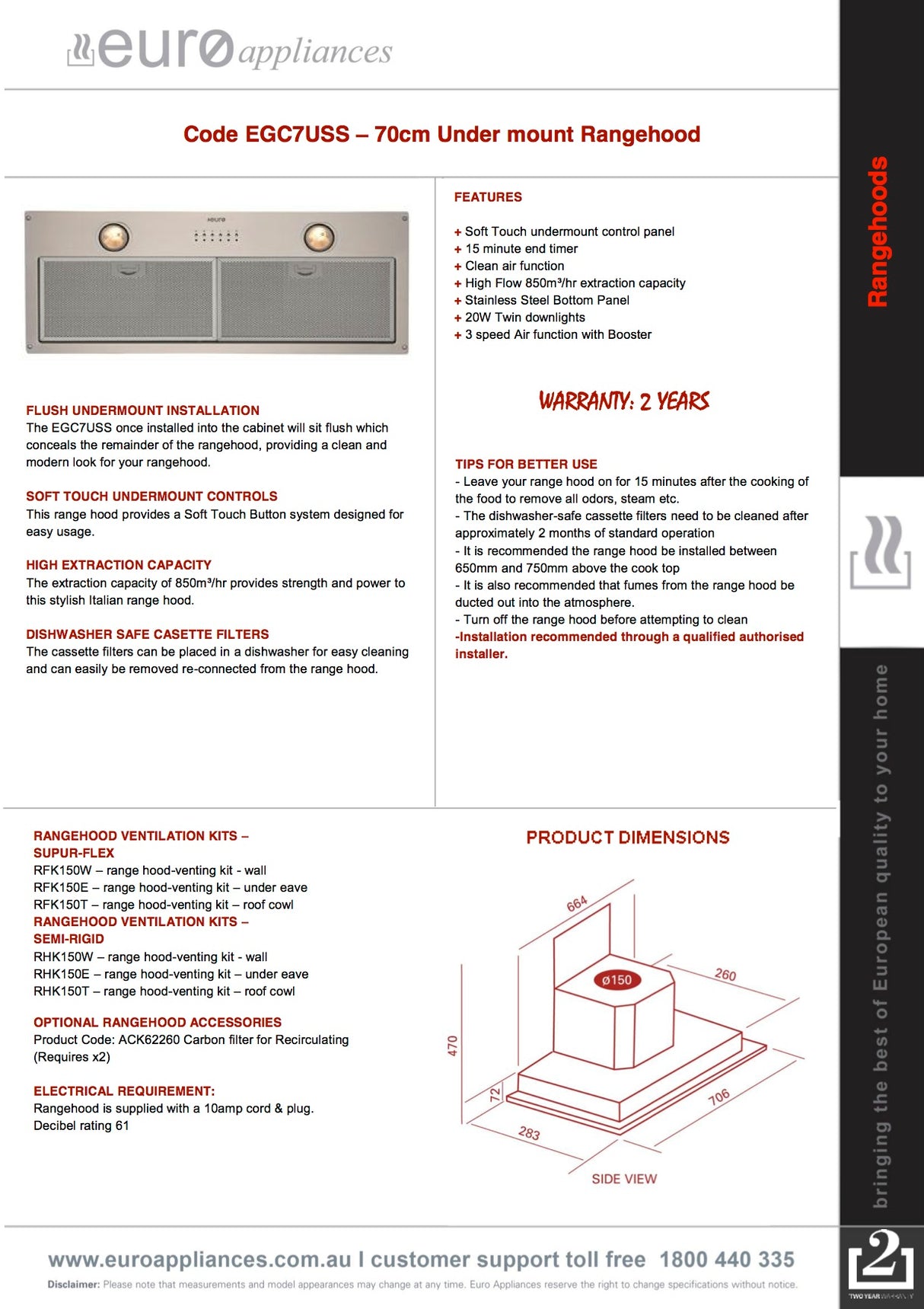 Euro Appliances EGC7USS 70cm Undermount Rangehood