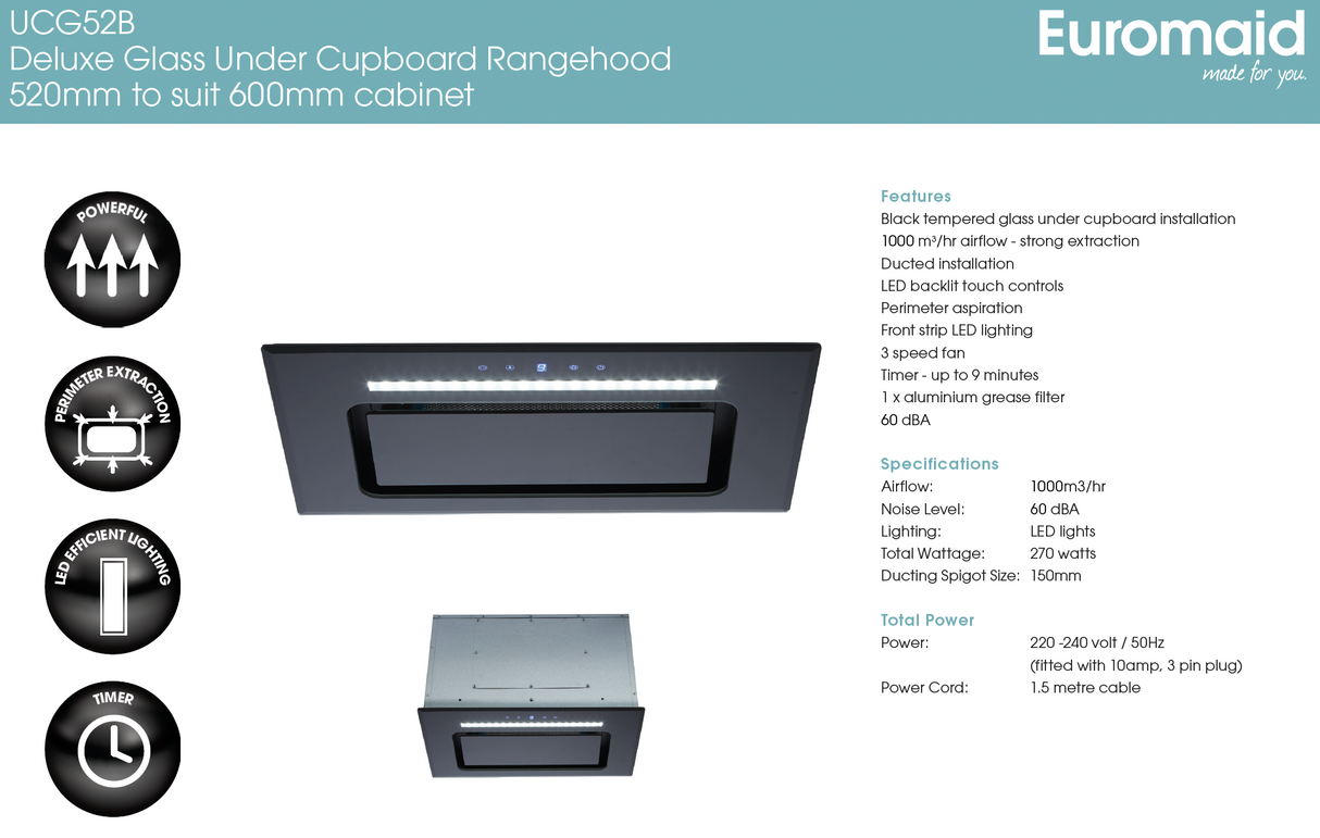 Euromaid UCG52B 62cm Black Glass Undermount Rangehood