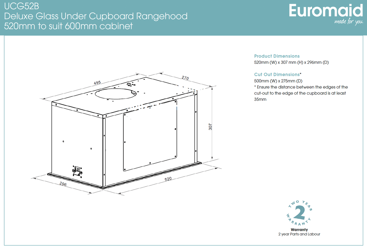 Euromaid UCG52B 62cm Black Glass Undermount Rangehood
