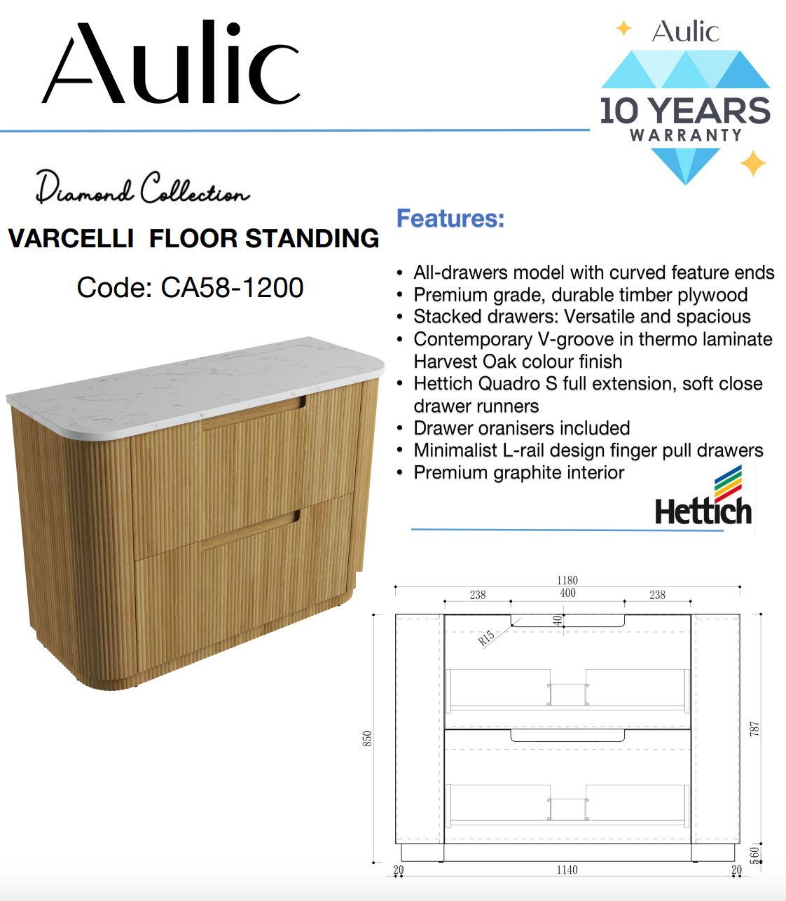 Aulic 1200mm Varcelli Floorstanding Vanity with Solid Surface Top Alpine Top CA58-1200-ST86FT Vanity Units