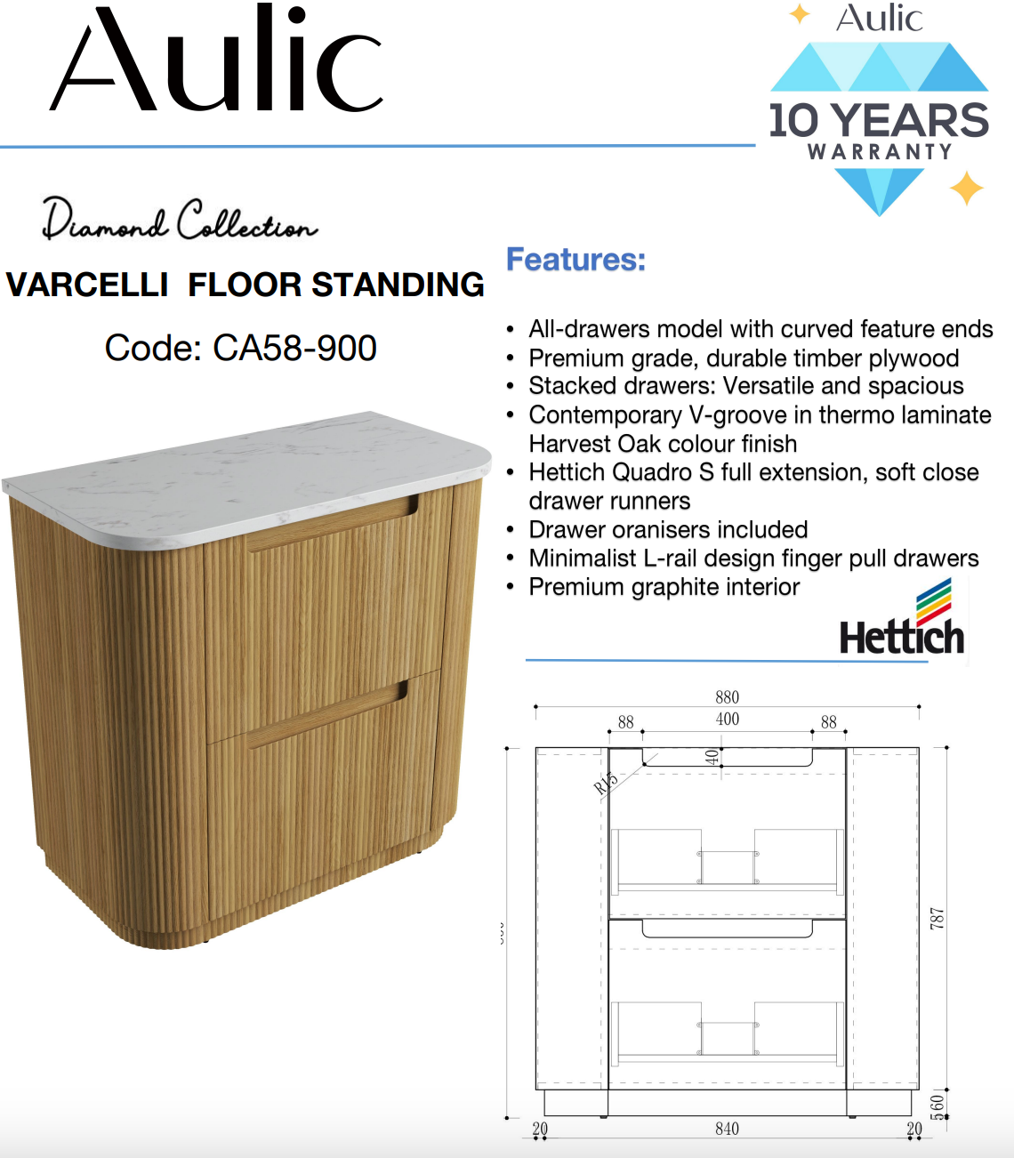 Aulic 900mm Varcelli Floorstanding Vanity with Solid Surface Top Snow Top CA58-900-ST46FT Vanity Units