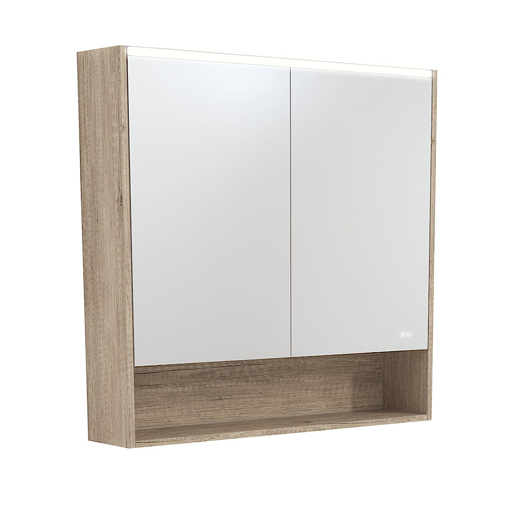 Fienza PSC900SS-LED 900mm Mirror LED Cabinet with Undershelf, Scandi Oak