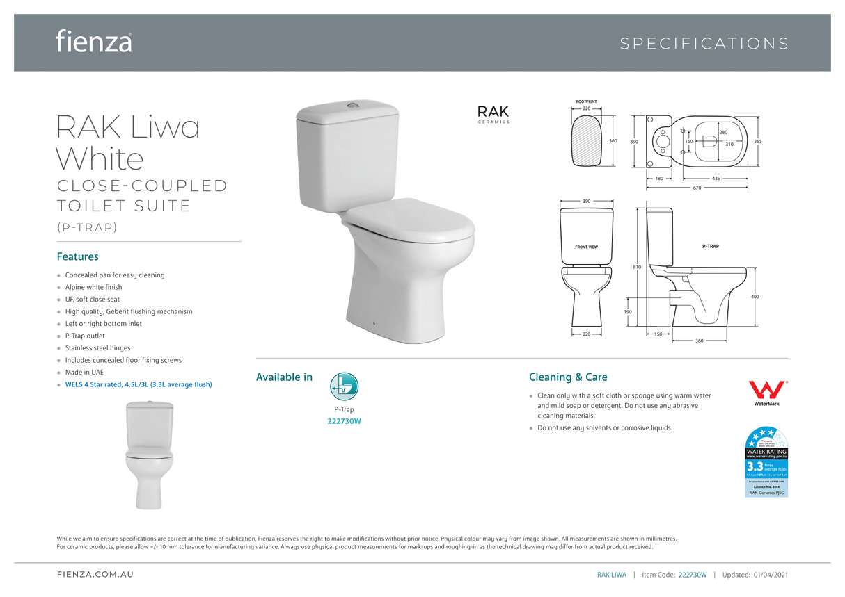 Fienza Rak Liwa Close-Coupled Suite P-Trap - White