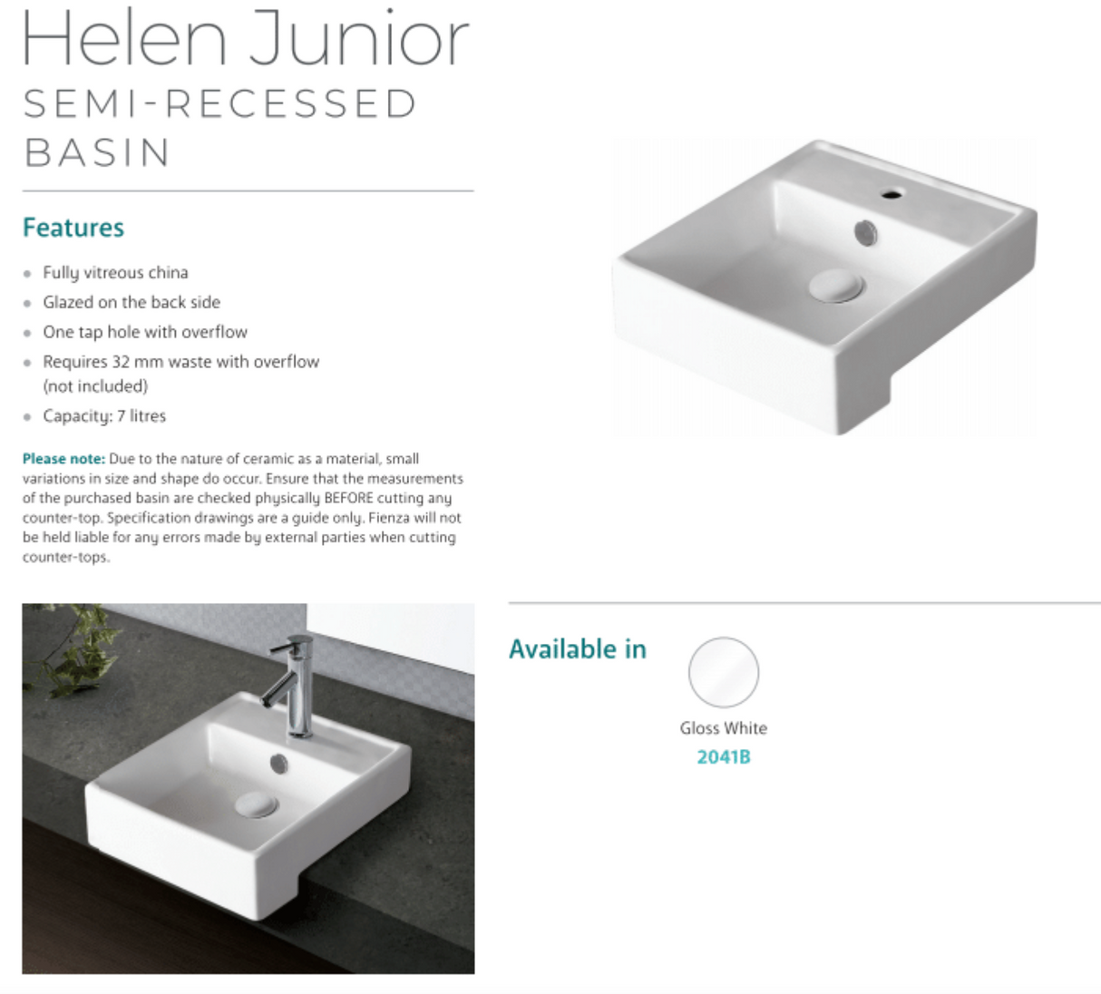 Fienza 2041B Helen Junior Semi Recessed 1 Tap Hole Ceramic Basin, White