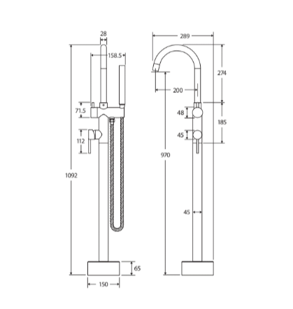 Fienza 213113CO Kaya Floor Mounted Bath Mixer With Hand Shower, Brushed Copper