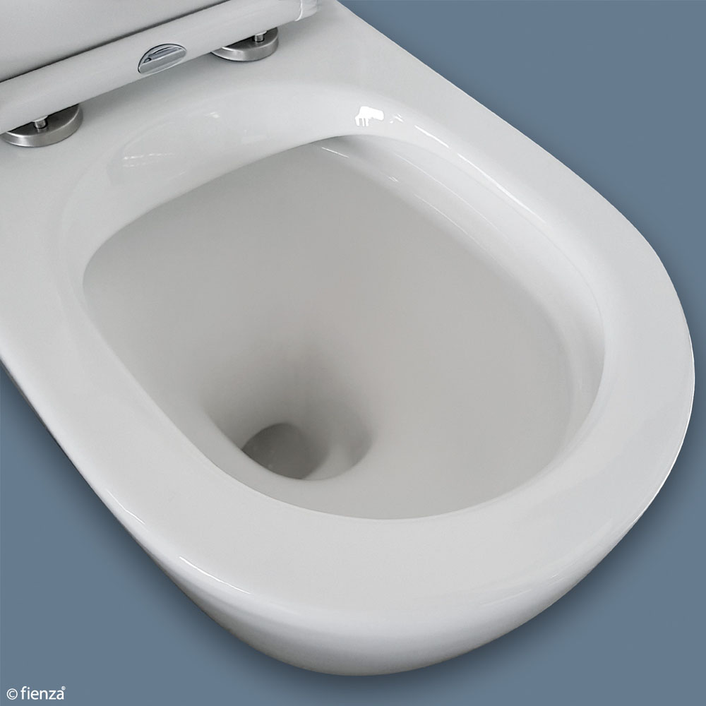 Fienza K002A-2 Koko Rimless Thin Seat S-Trap 90-160mm Back to Wall Toilet, White - Chrome Buttons