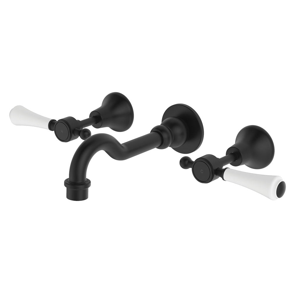 Fienza Lillian Lever Basin  Bath Wall Set - Matte Black with Ceramic White Handles