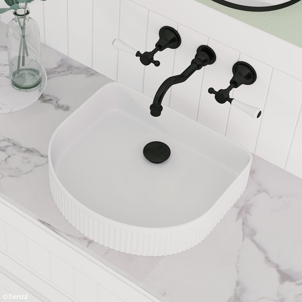 Fienza Lillian Lever Basin  Bath Wall Set - Matte Black with Ceramic White Handles