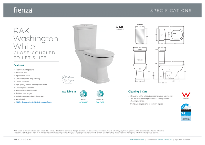 Fienza Rak Washington Close-Coupled Suite S-Trap 240 - Ivory