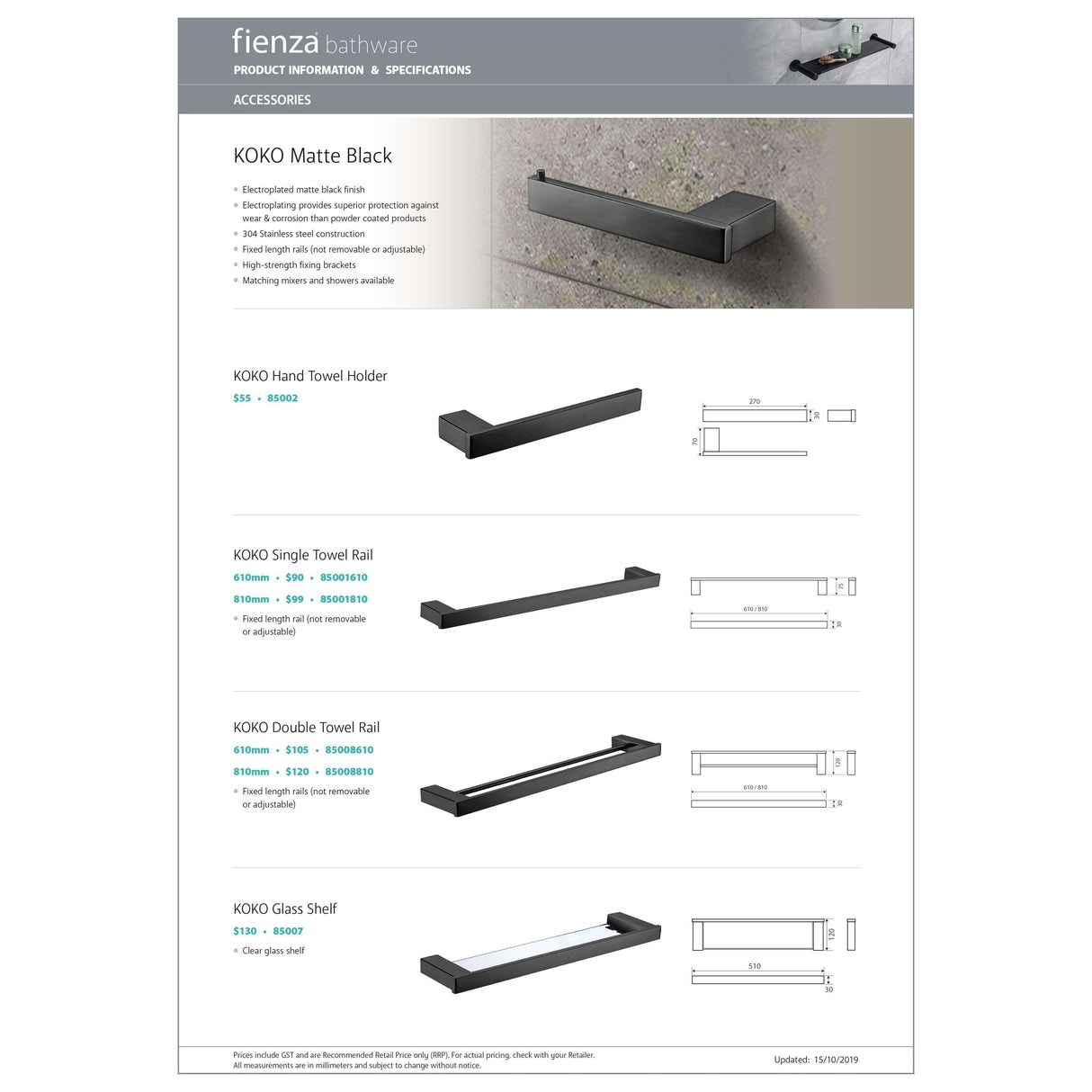 Fienza Koko 510mm Glass Shelf Black 85007