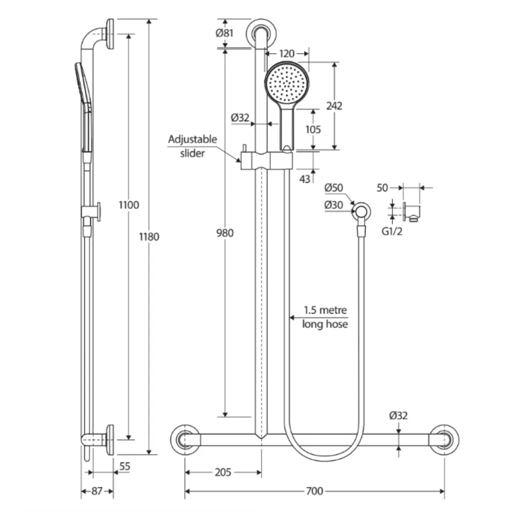 Fienza 444113BRH Hustle Care Right Hand Inverted T Rail Shower, Matte Black