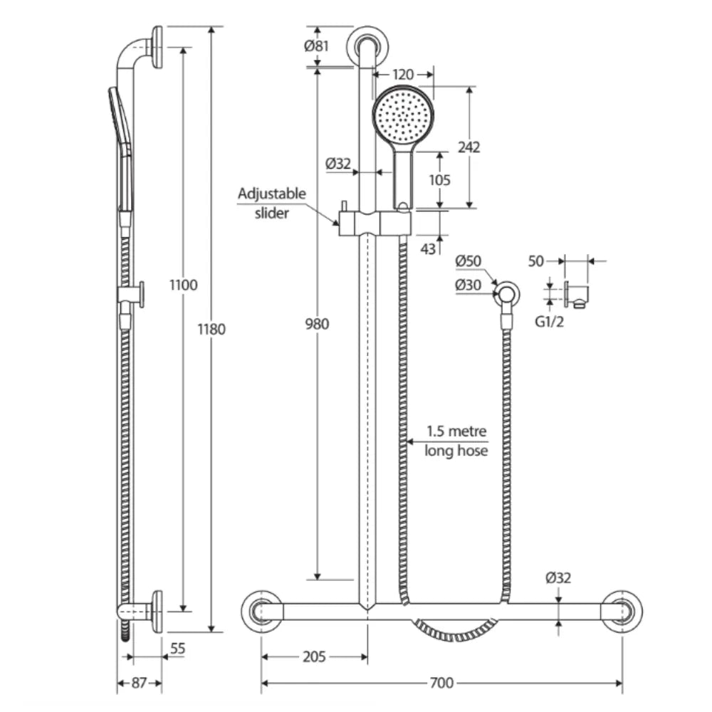Fienza 444113LH Luciana Care Chrome Left Hand Inverted T Rail Shower