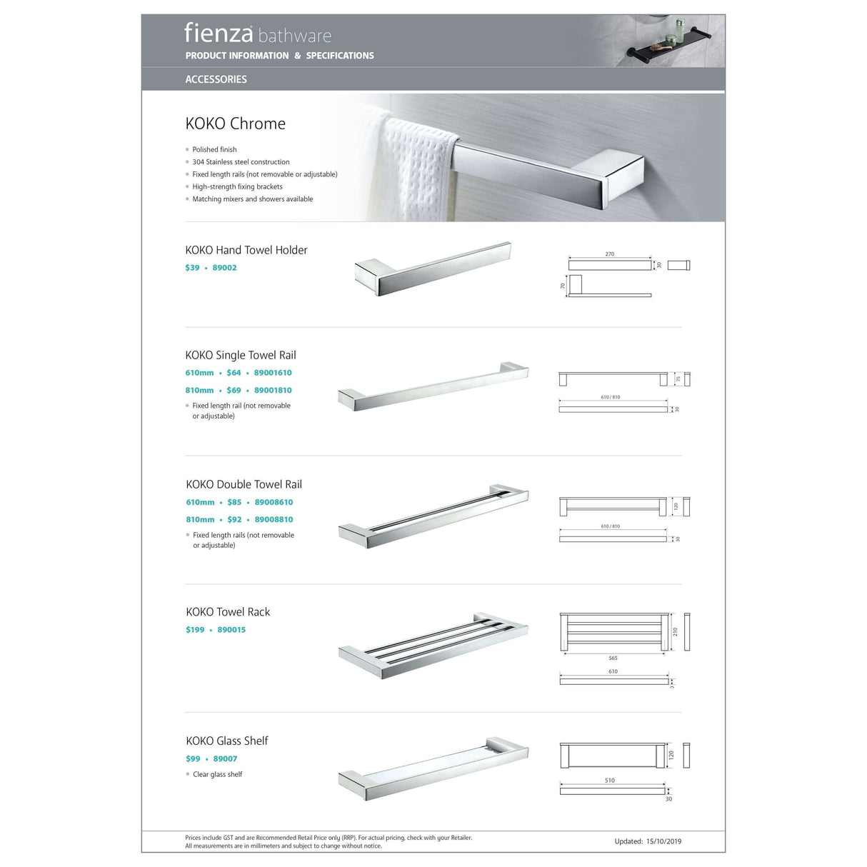 Fienza Koko Single Towel Rail 610mm Chrome