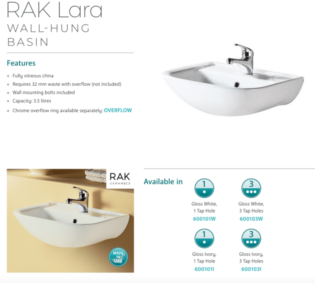 Fienza 600101W RAK Lara Wall Hung 1 Tap Hole Ceramic Basin, White