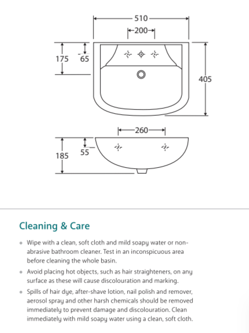 Fienza 600101W RAK Lara Wall Hung 1 Tap Hole Ceramic Basin, White