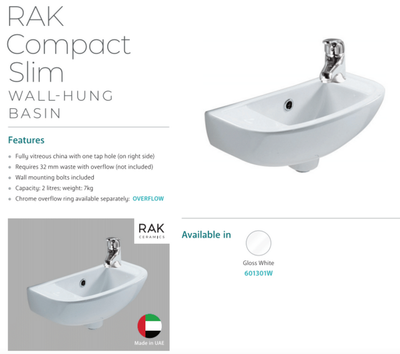 Fienza 601301W RAK 1 Tap Hole Compact Slim Wall Hung Ceramic Basin, White - Special Order