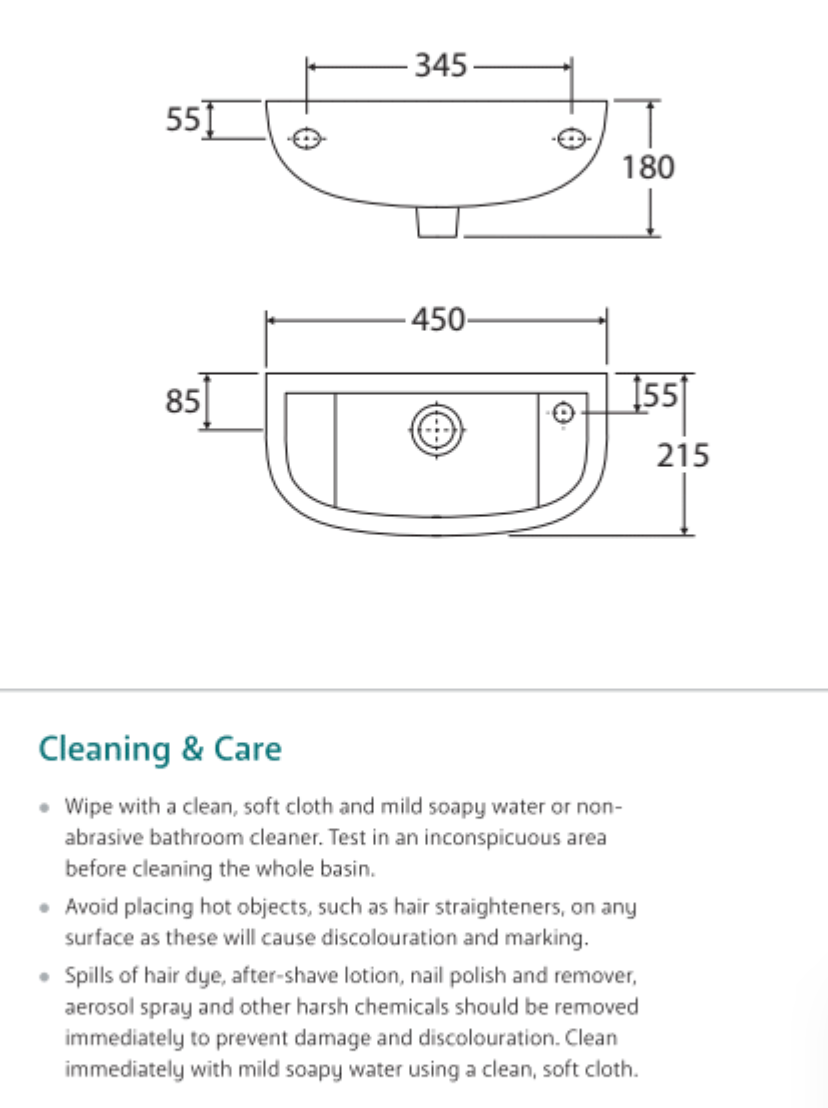 Fienza 601301W RAK 1 Tap Hole Compact Slim Wall Hung Ceramic Basin, White