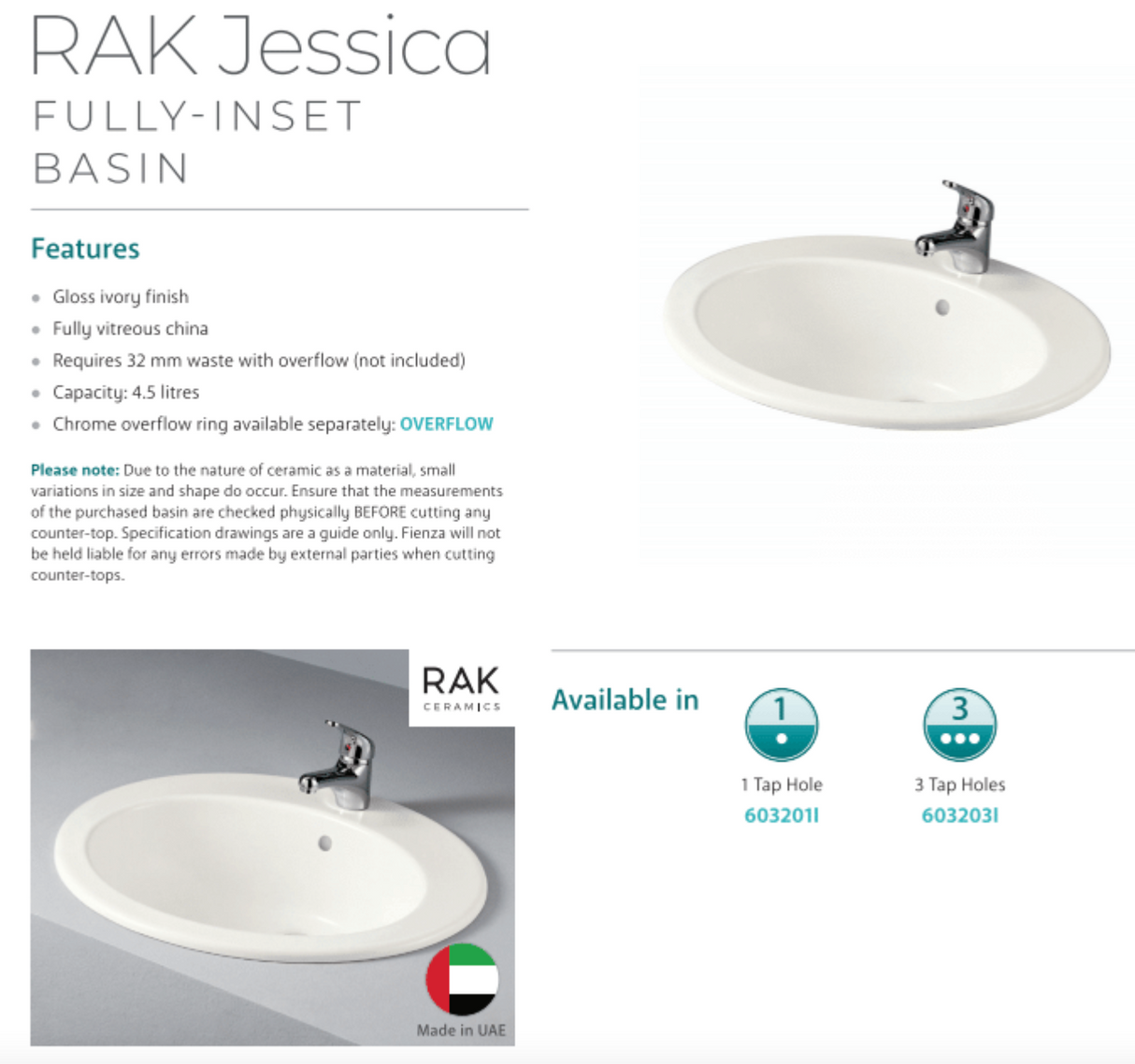 Fienza 603201I Jessica Inset RAK 1 Tap Hole Basin, Ivory