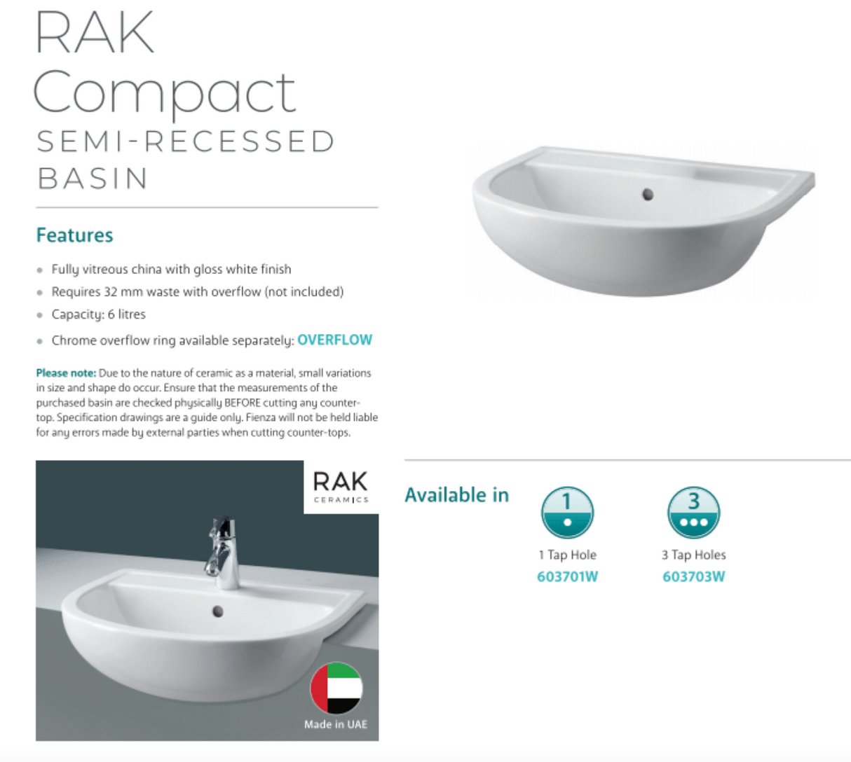 Fienza 603701W Semi Recessed RAK 1 Tap Hole Ceramic Compact Basin, White