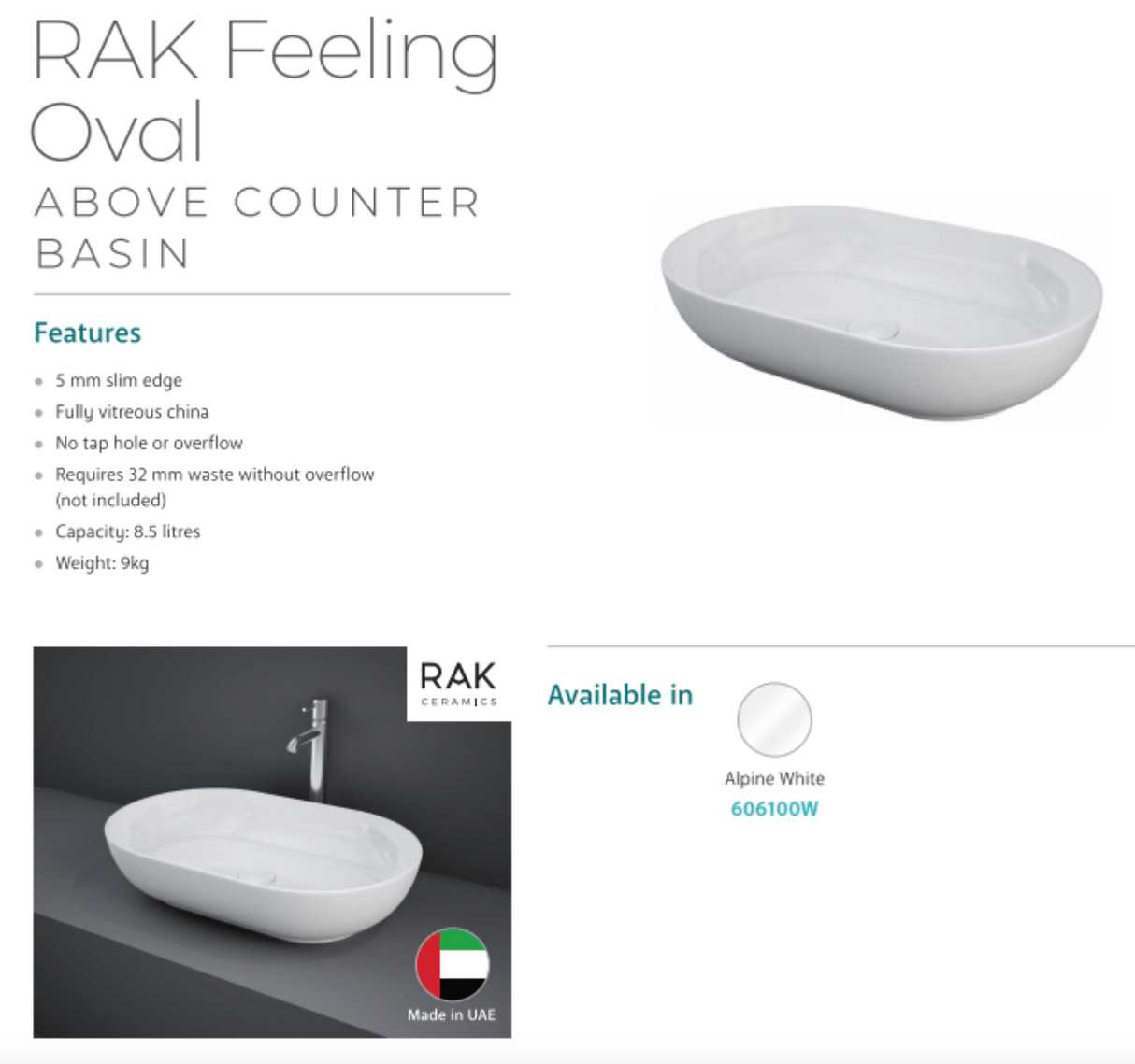 Fienza 606100W Moon Above Counter RAK Ceramic Oval Basin, White