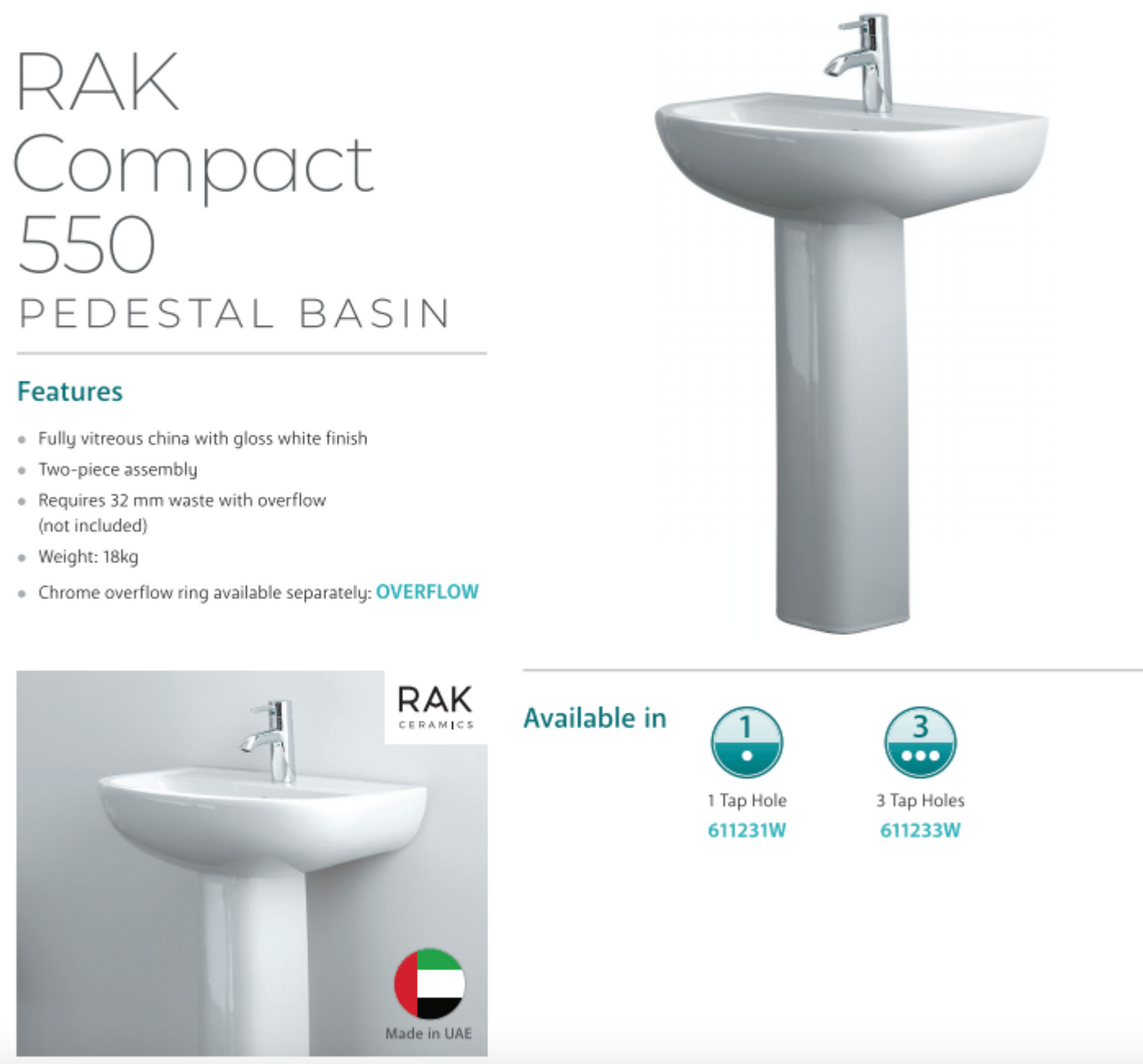 Fienza 611231W Compact 550mm Wall Basin & Pedestal 1 Tap Hole, White