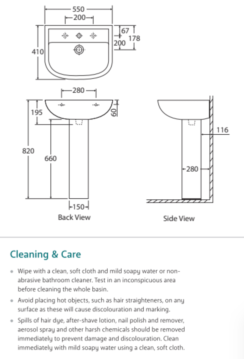 Fienza 611231W Compact 550mm Wall Basin & Pedestal 1 Tap Hole, White