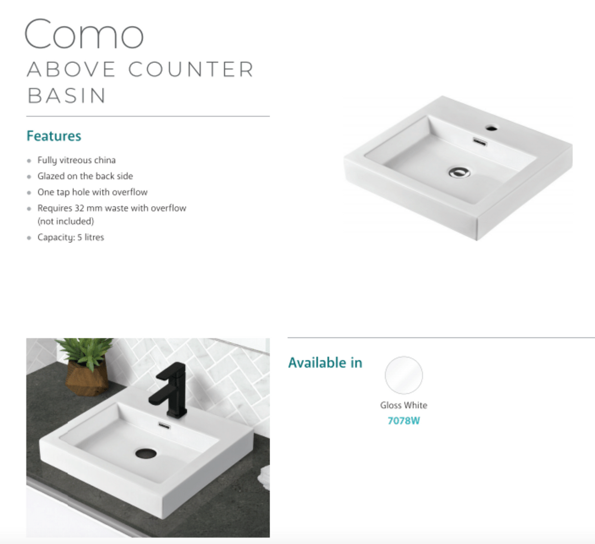 Fienza 7078W Como Above Counter 1 Tap Hole Basin, Gloss White