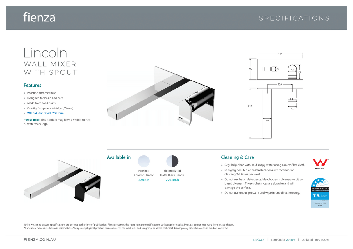 Fienza Lincoln Wall Mixer Spout, Mixed Finish