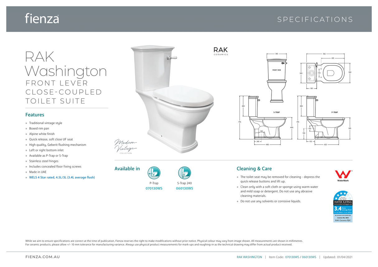 Fienza 070130WS Rak Washington Front Lever Close-Coupled Suite, P-Trap