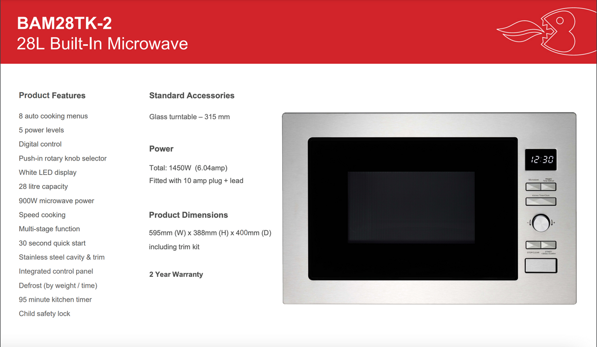 Baumatic BAM28TK-2 28L Stainless Steel Built-In Microwave - Ex Display