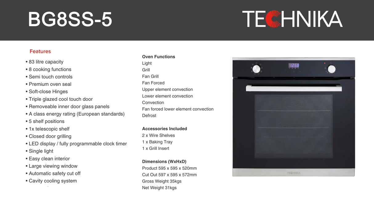 Technika BG8SS-5 60cm 8 Function Built-in Electric Oven
