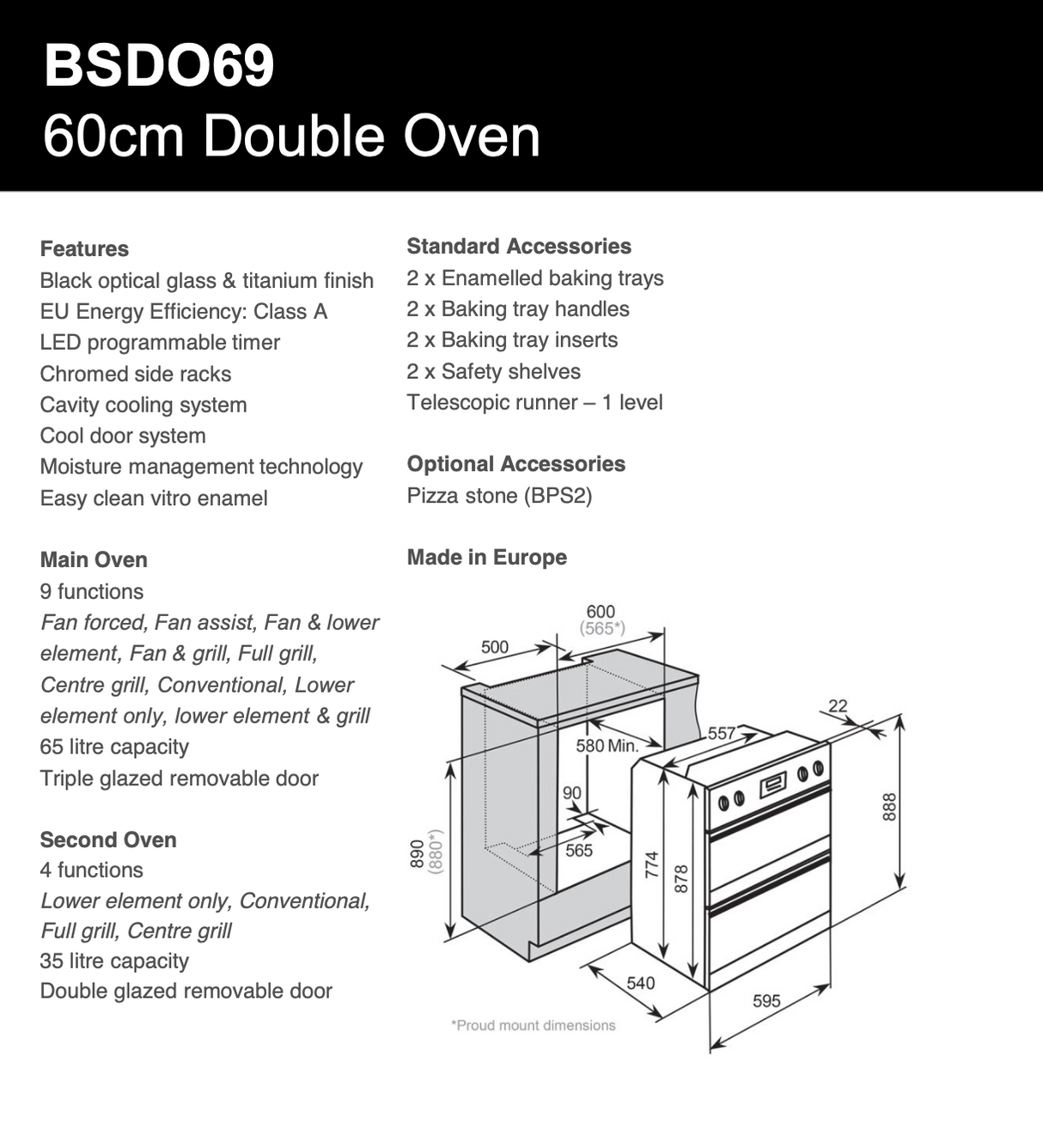 Baumatic European Made BSDO69 Studio Solari Black Glass Electric Double Oven