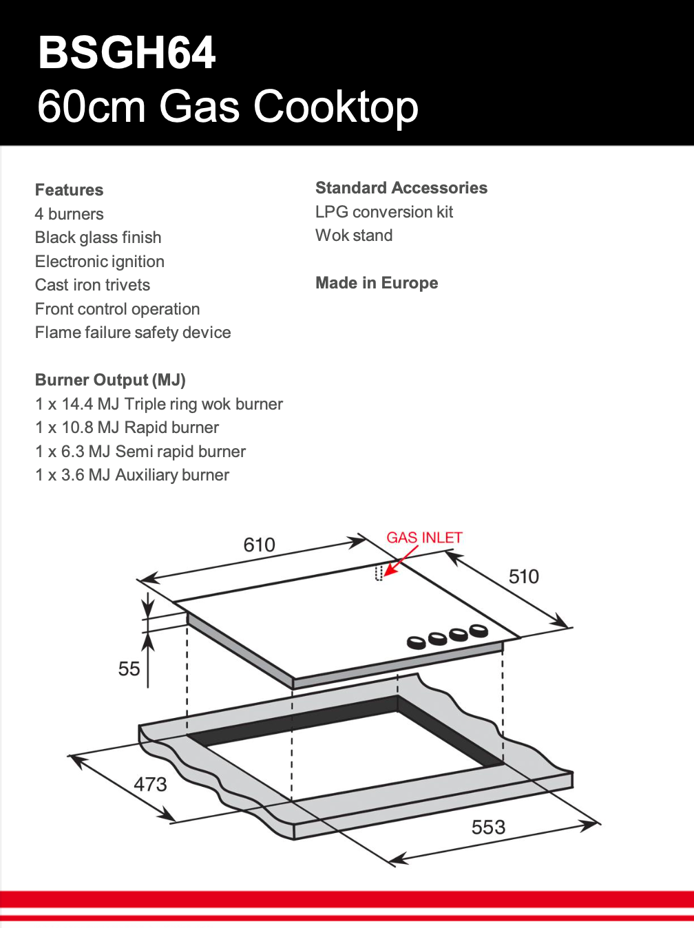 Baumatic BSGH64 Studio Solari 60cm Italian Made Gas on Glass Cooktop