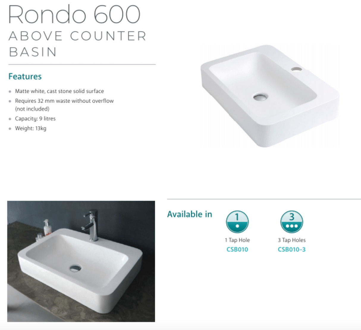 Fienza CSB010-3 Rondo 600mm 3 Tap Hole Cast Stone Above Counter Basin, Matte White