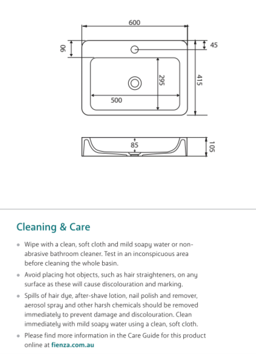 Fienza CSB010-3 Rondo 600mm 3 Tap Hole Cast Stone Above Counter Basin, Matte White