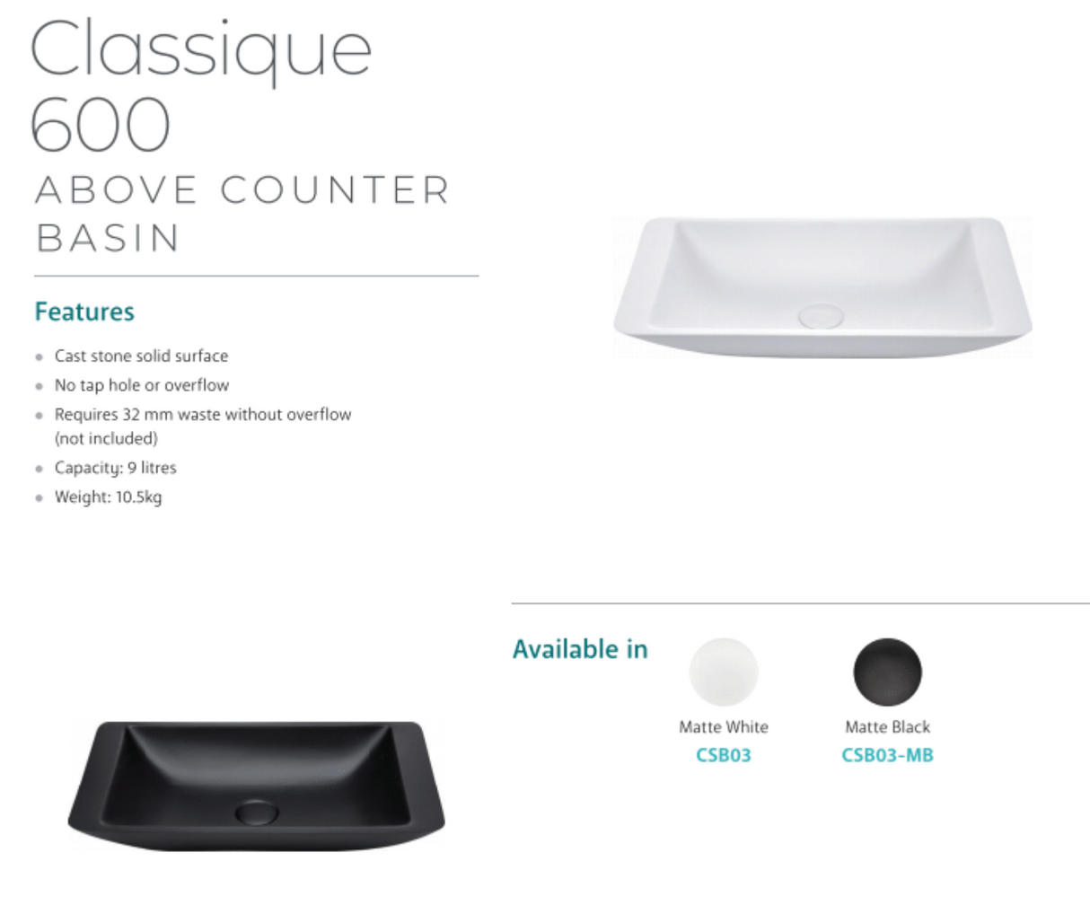 Fienza CSB03-MB Classique 600mm Above Counter Solid Surface Basin, Matte Black