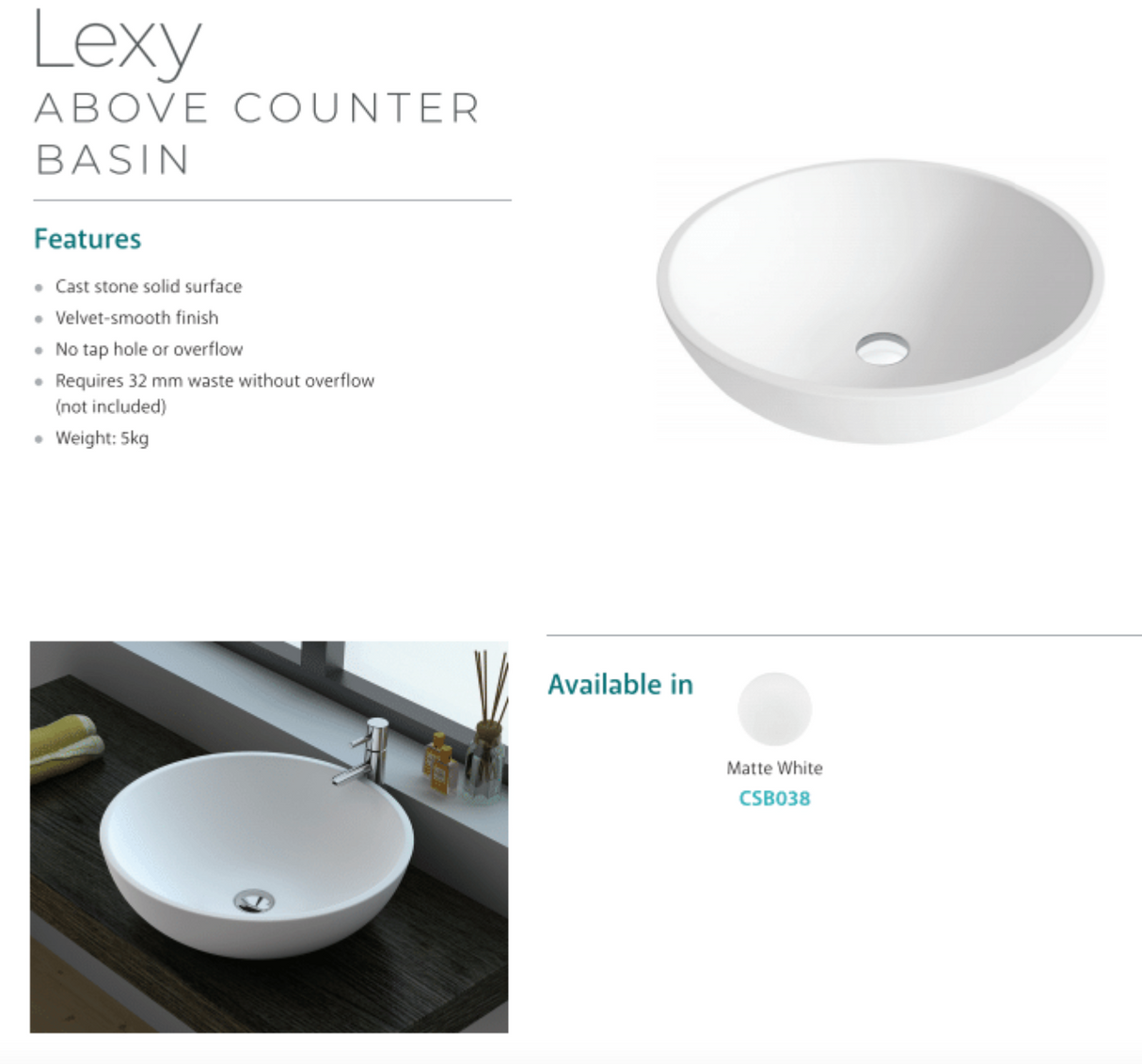 Fienza CSB038 Lexy Above 380mm Counter Solid Surface Basin, Matte White