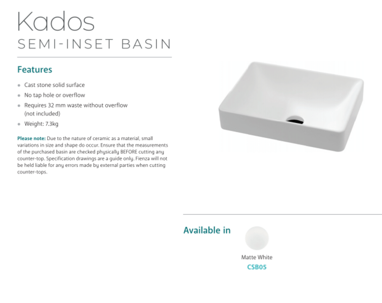 Fienza CSB05 Kados Semi Inset Cast Stone Basin, White