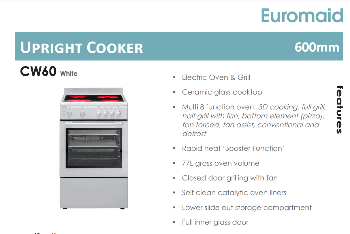 Euromaid CW60 60cm White Electric Fan Forced Stove - Ex Display