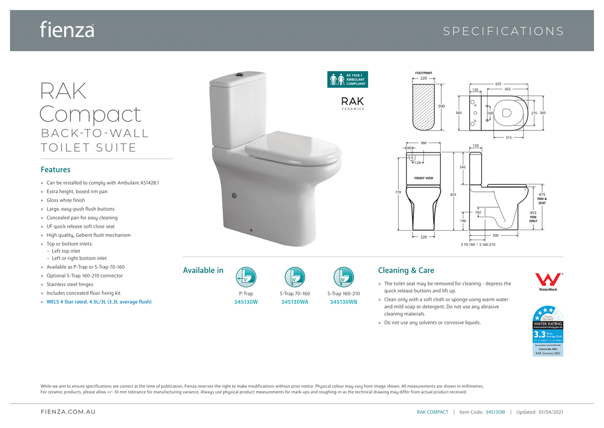 Fienza Rak Compact Back-to-Wall Suite - Blue Seat