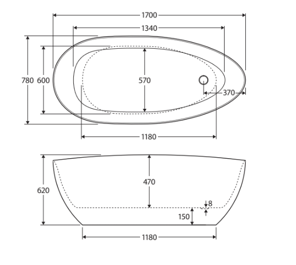 Fienza FR94-1700 Dayo Freestanding Acrylic Bath 1700mm, Gloss White