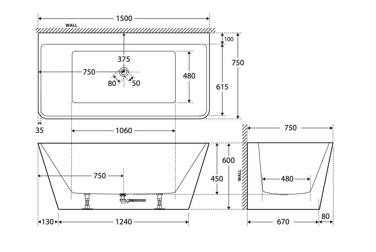 Fienza FR13572 Delta Back to Wall Acrylic Bath 1500mm, Gloss White