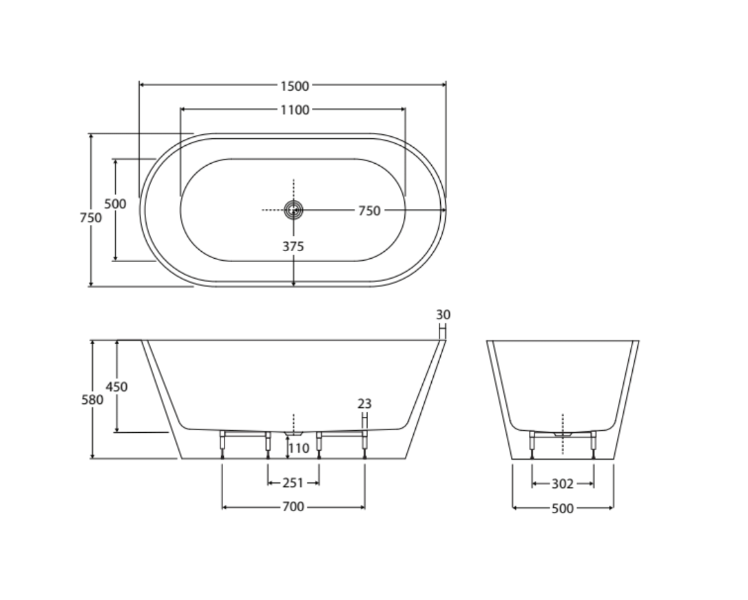 Fienza FR71-1500-OF Austin Freestanding Acrylic Bath 1500mm, Gloss White