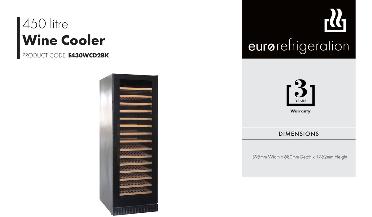 Euro Appliances E430WCDZBK 450 Litre 154 Bottle Wine Fridge