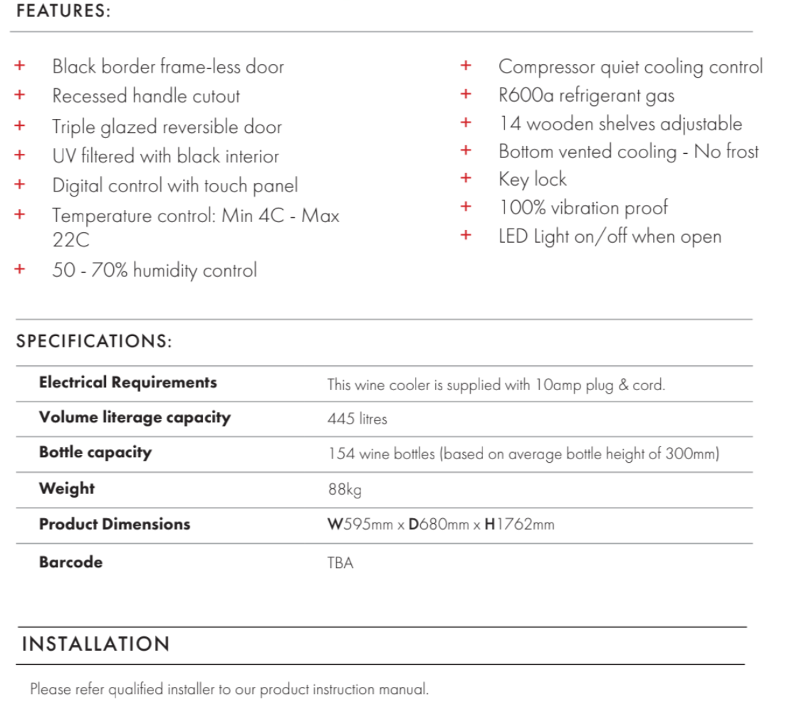 Euro Appliances E430WCDZBK 450 Litre 154 Bottle Wine Fridge